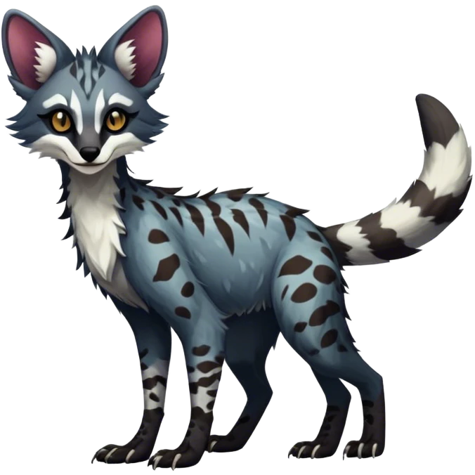 Feral Rare Fantasy dark vibrant Vernid-Sergal-Genet-Trico-species by LiLaiRa, random markings, tufted tail, tufted ears, full body emoji