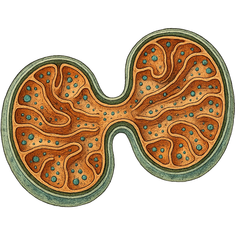 biogenesi mitocondriale, step 4: divisione finale e maturazione di due mitocondri completi, hyperrealistic detailed colored drawing on white textured paper, isolated on white background, visible molecular details emoji