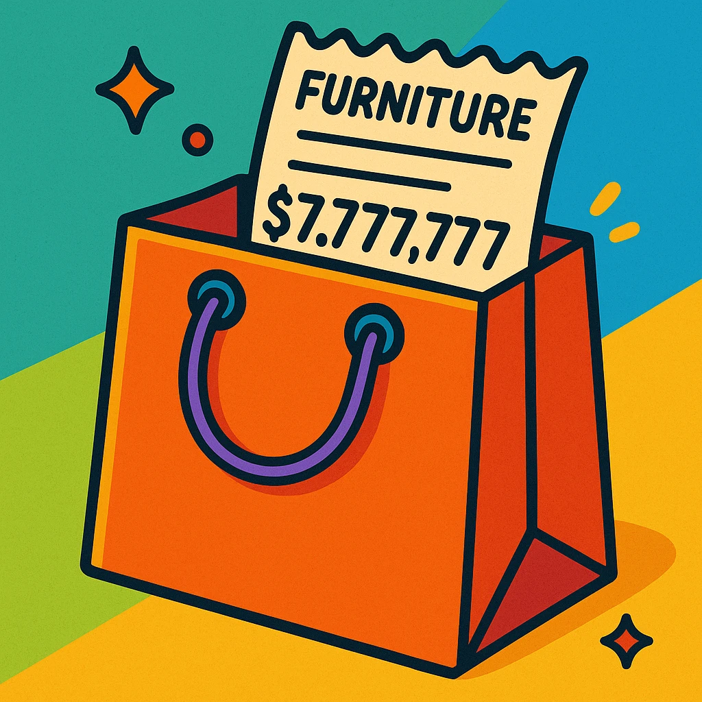 a shopping bag with a furniture receipt sticking out, showing $7,777,777, vibrant toon style emoji