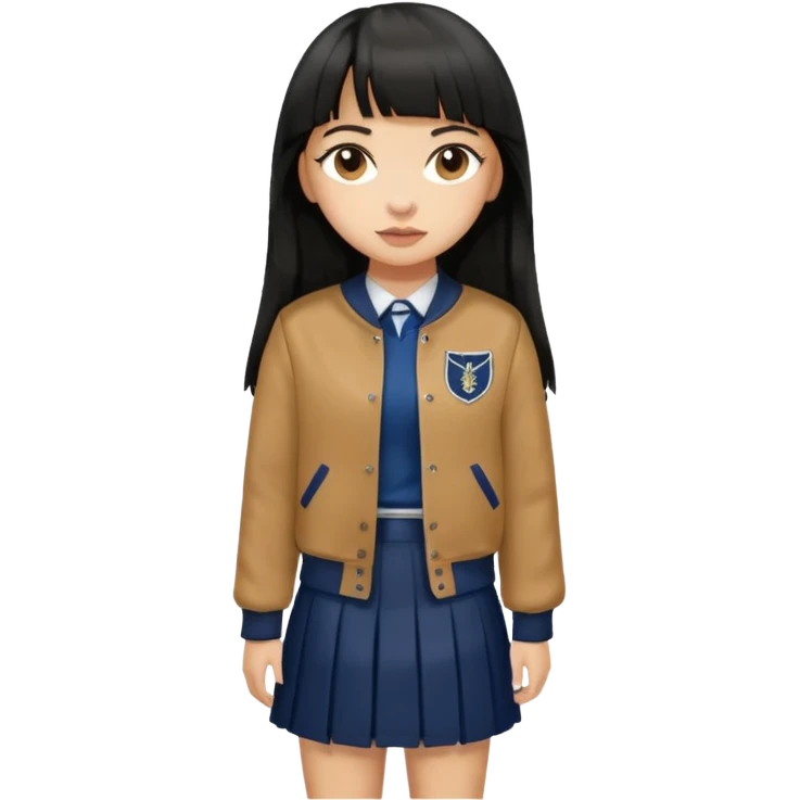 hair : black long hair with fringe 
skin : light 
cloth : brown varsity jacket + navy long long school girl skirt 


 emoji