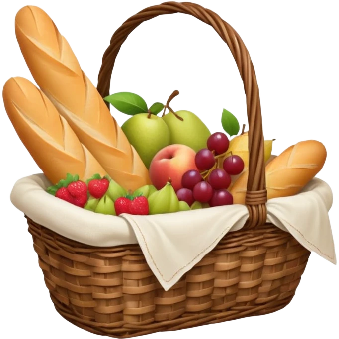 aesthetic wicker grocery basket with a baguette and fruit emoji