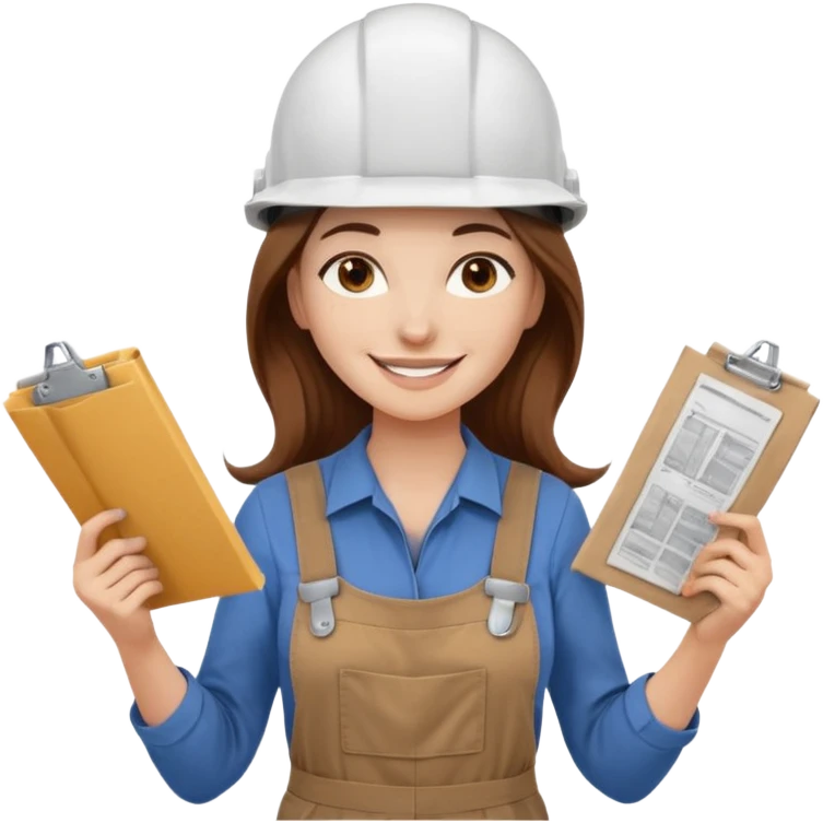 Waist-up female architect on a white background. Long brown hair with a middle part, brown eyes, long lashes, smiling with braces. White helmet with “BUT” in brown. Holding rolled-up blueprints. Outfit: brown jumpsuit over a white t-shirt. emoji