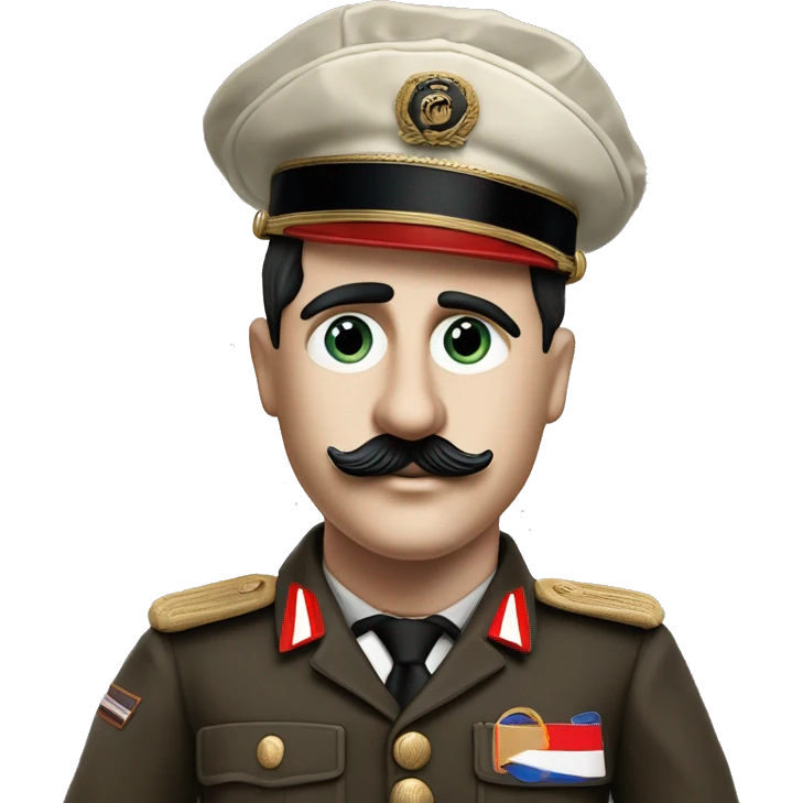 Charlie chaplin as the great dictator with tootbrush mustache but without hat, black sideways combed hair and brown classical 1936 dutch military uniform and red white soccer captains upper armbracelet looking fiercefully emoji