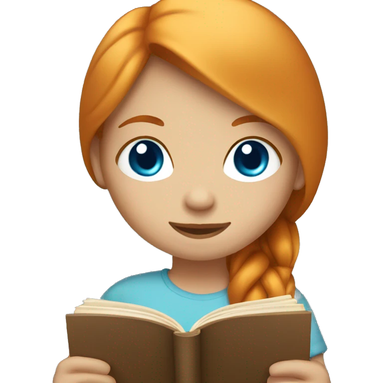 Ginger girl with straight hair and blue eyes reading book emoji