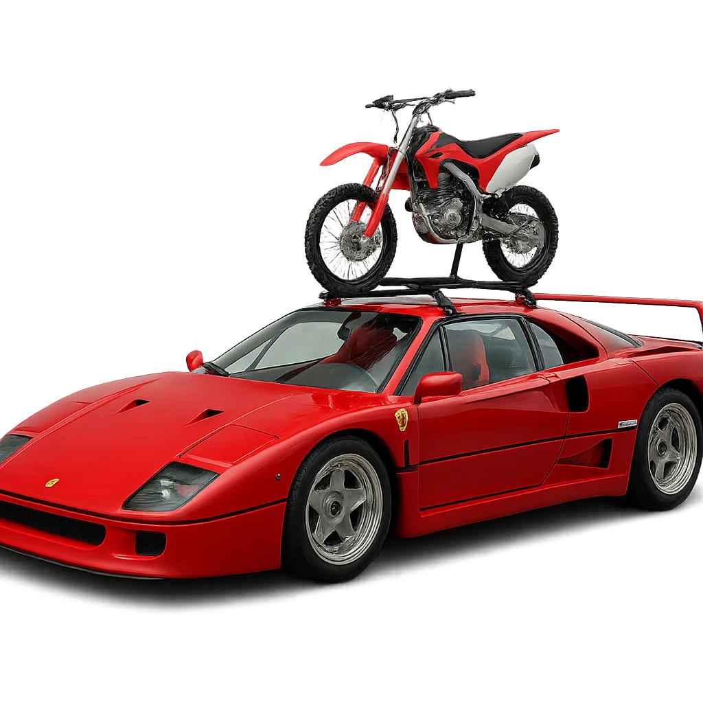 A realistic Ferrari F40 with a 125cc dirt bike on a visible roof rack, dirt bike to proper scale, transparent background emoji