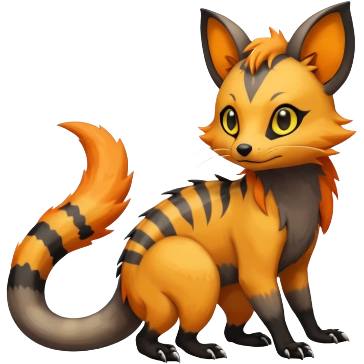 Rare warm-colored exotic cute epic aesthetic gothic colorful Salandit-Eevee-Civet-species-Fakemon-hybrid-creature, with markings, full body emoji