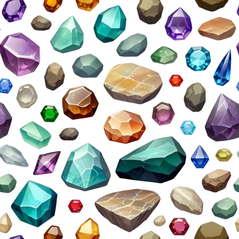 Icon for Mineral, Stone & Fossil Collecting: a display of various colorful minerals, gemstones, and fossils, arranged neatly on a table or shelf. The icon should reflect the beauty and scientific interest of collecting natural specimens. Transparent background. emoji