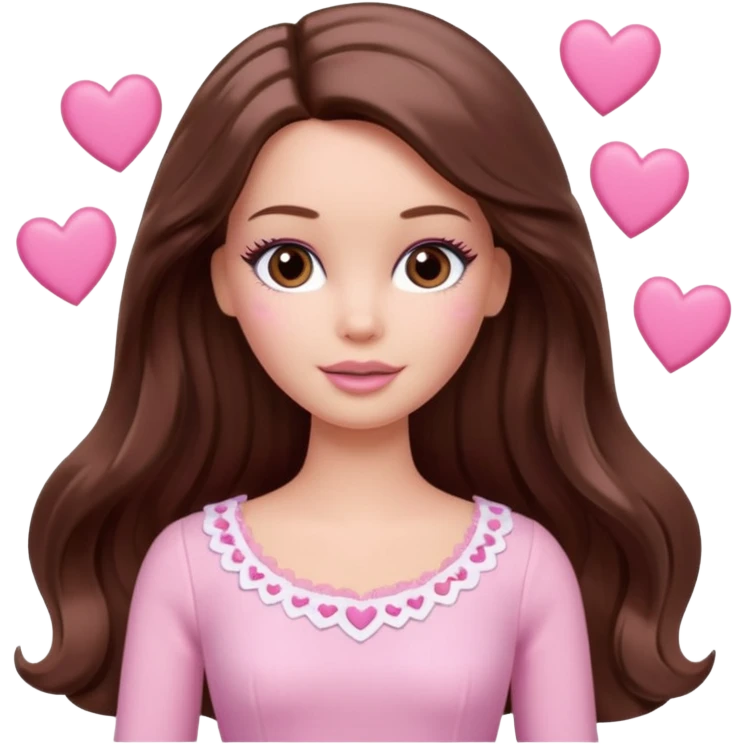Barbie girl and  makeup , brown long straight wavy hair and brown eyes is In pale pink clothes There are pink hearts all around emoji