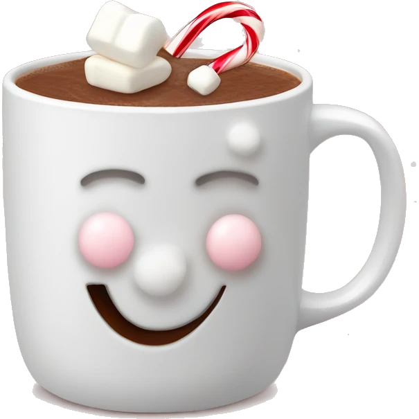 Hot chocolate drink with marshmallows and candy canes in a white Christmas mug emoji