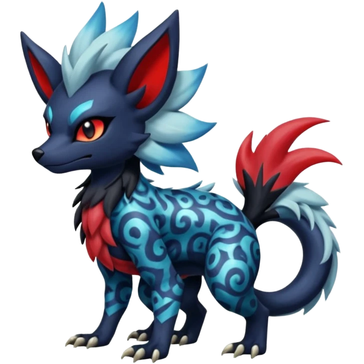 Colorful patterned esoteric shiny glowing scaly scary cool badass edgy Zorua-Absol-Salandit-fusion (full body) emoji