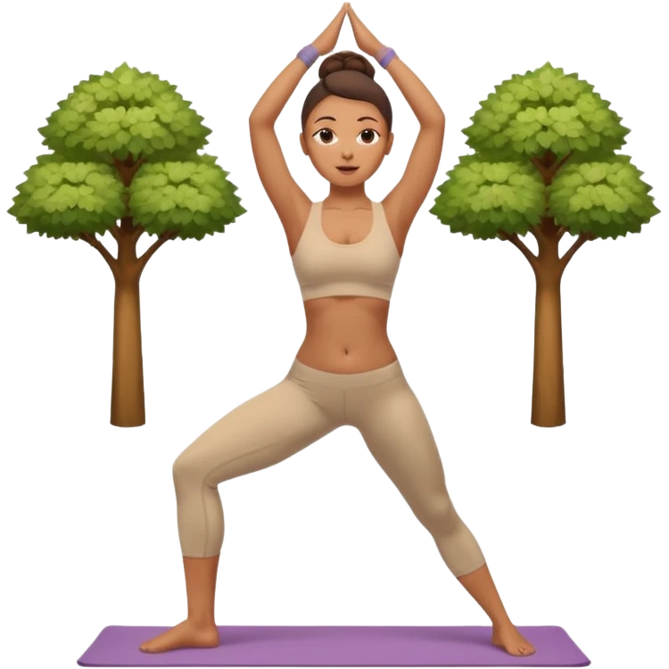 Mixed-race woman with caramel skin, slim thick figure, wearing a beige sports bra and leggings, doing a yoga tree pose, pastel background emoji