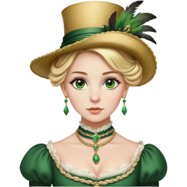 lady with Pale complexion, sharp features, high cheekbones, Blonde hair, usually styled in regancy braided updo, green eyes accessorized with a feathered hat, royal emoji