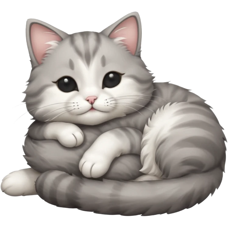 grey and white small cat with eyes closed lying down upside down with its head resting on its curled paw emoji