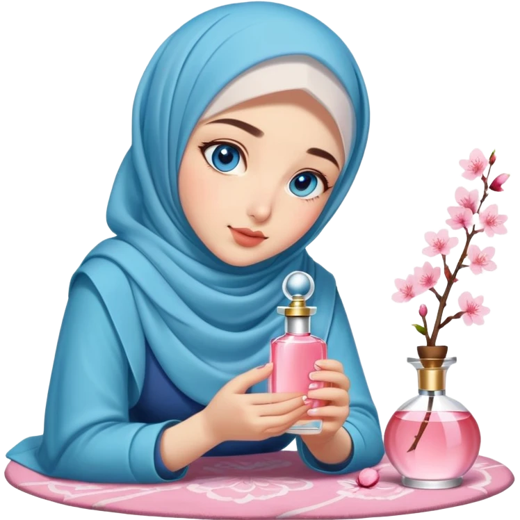 Turkish beautiful finish Konya girl blue eyes with cherry blossom hijab smells perfume on the floor  emoji