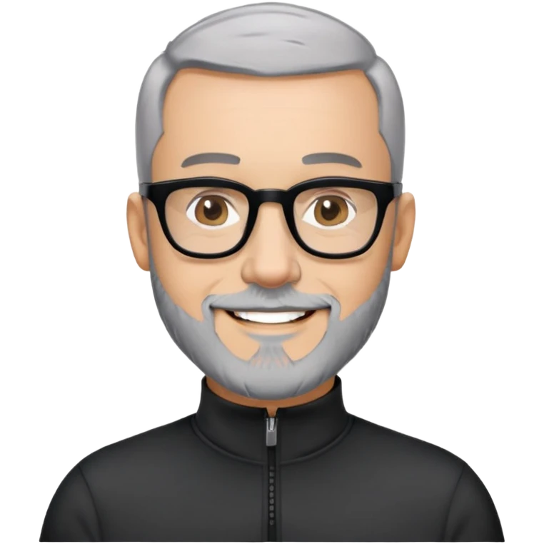 Man with light skin, buzz cut black hair, short peppered gray beard, large black-framed glasses, smiling face, black long sleeve athletic shirt with zippered high neck emoji