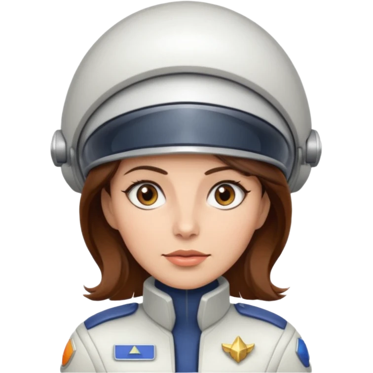 woman with brown hair and brown eyes.  space ship captain with white hat emoji