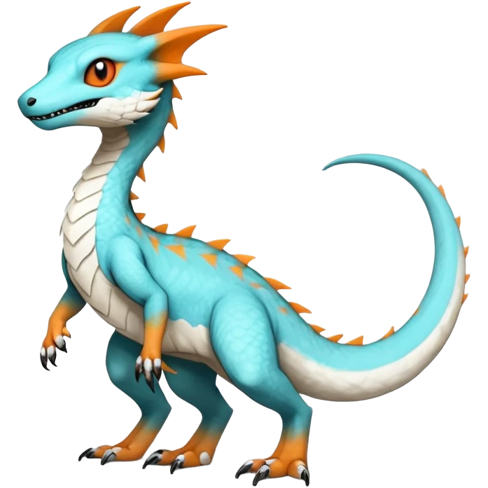 Rare realistic exotic cute white gloomy whitish and orange and cyan epic pretty beautiful handsome gorgeous aesthetic colorful vibrant Vernid-Trico-species-Fakemon-Salandit-hybrid-creature by LiLaiRa, 4 legs, 1 tail, random markings, (full body) emoji
