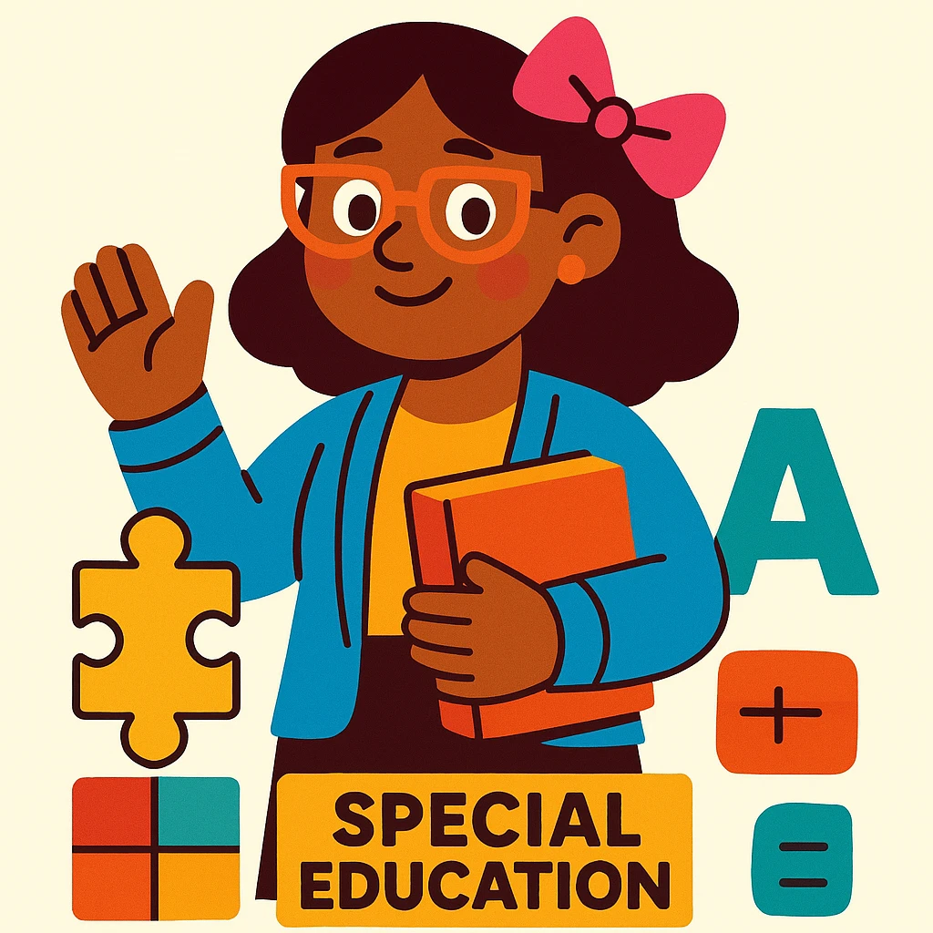 special education teacher with a pink bow in her hair, colorful cartoon style, kind smile, light background emoji