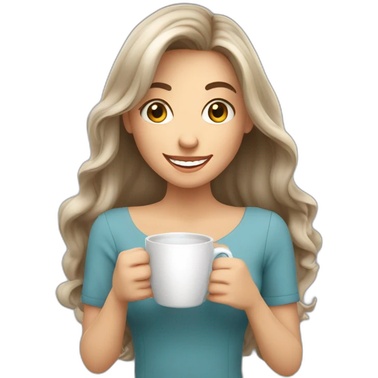 white young brunet woman with italian appearance long hair with face visible huge smile and eyes wide open holding a huge cup of coffee emoji