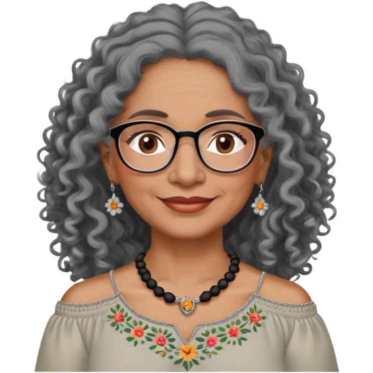 Latina woman, about 55 years old, dark warm brown skin, round soft face, long curly black and gray hair, no headband, medium eyes, thin eyebrows, gentle smile, delicate eyeglasses, gray peasant blouse with embroidery, bare shoulders, large dark necklace emoji
