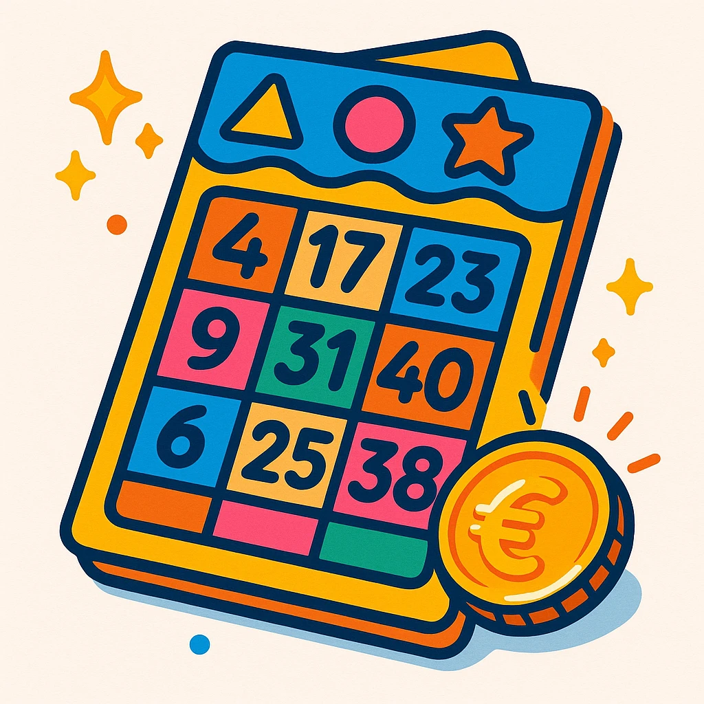 cartoon-style colorful lottery ticket with European vibe, playful number boxes, shiny euro coin, sparkles, no text or logos, white background emoji