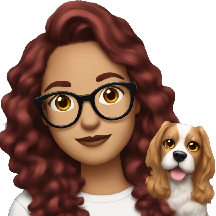 a girl with light skin , wear cat eye glasses , wavy mid length hair , dark red hair with the snapchat dog filter emoji