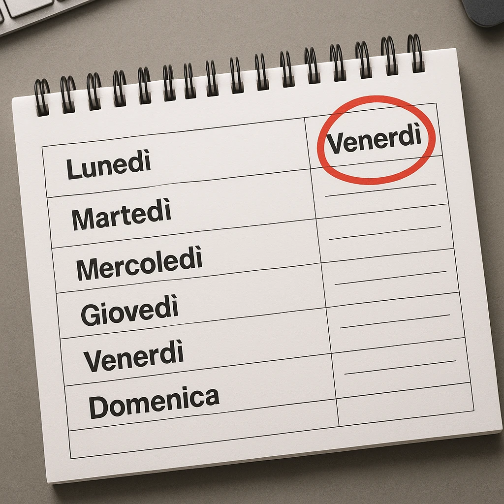 weekly calendar in Italian, days from Monday to Sunday, Friday highlighted with a red circle, top view, realistic style, 4K details, office environment emoji