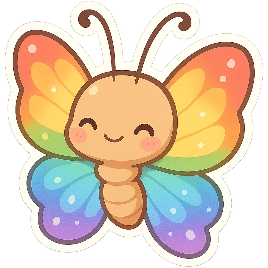 chibi sticker-style rainbow butterfly, cute and exaggerated emoji