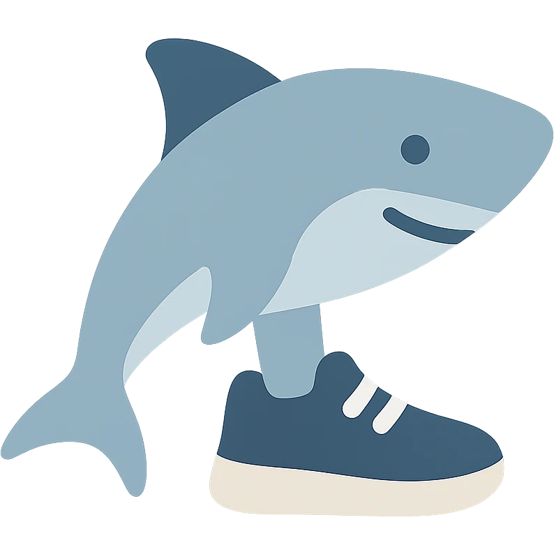 shoe-wearing shark, icon style, flat design, modern, clean shapes, minimal details, suitable for app icon emoji