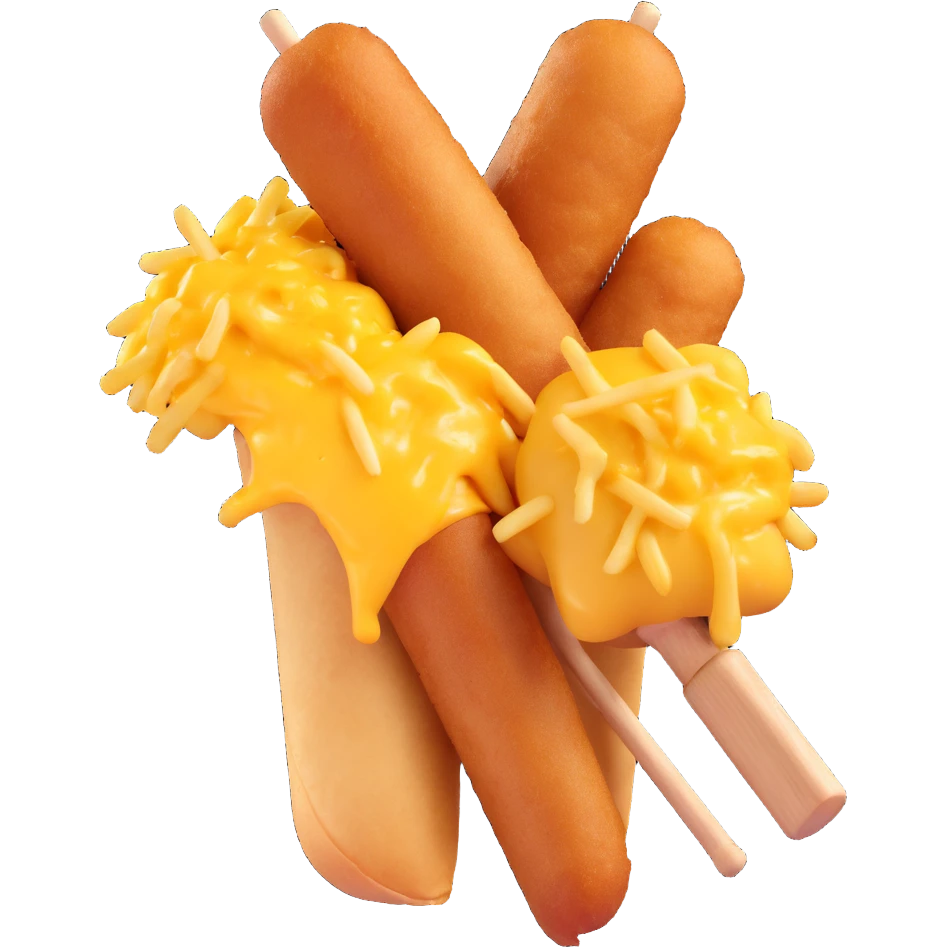korean potato cheese corn dog, crispy golden potato cubes, gooey cheese inside, wooden stick, fun and appetizing, isolated, no text emoji