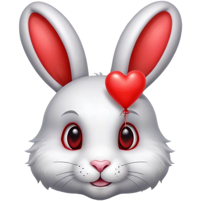 White rabbit with gray ears and black eyes and red metallic heart-shaped balloons emoji