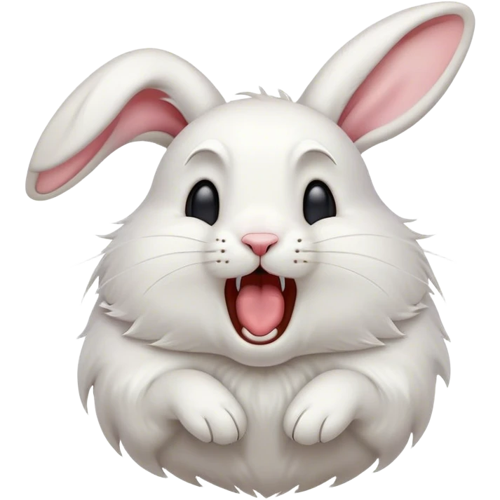 Cinematic Cute Yawning White Rabbit Portrait Emoji, Head tilted slightly with a dramatic, wide-open yawn, showcasing a smooth, silky white fur with floppy ears, round dark eyes barely open in drowsy contentment, Simplified yet irresistibly adorable features, highly detailed, glowing with a soft, cozy glow, high shine, relaxed yet expressive, stylized with a touch of whimsy, bright and endearing, soft glowing outline, capturing the essence of a sleepy yet affectionate bunny, so drowsy it feels like it could stretch out of the screen and curl up for a nap! emoji