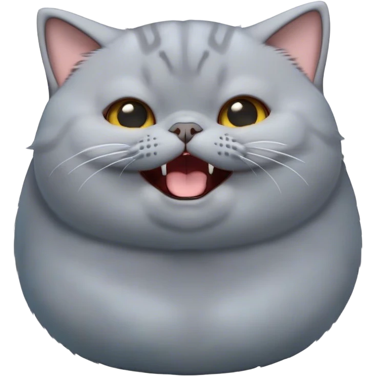 Cinematic Cute Chubby Grey British Shorthair Cat Portrait Emoji, Head tilted playfully and yawning, round and plump body with sleek soft grey fur and subtle blue undertones, Simplified yet adorable features, highly detailed, glowing with a warm, friendly glow, high shine, curious yet calm, stylized with a touch of whimsy, bright and endearing, soft glowing outline, capturing the essence of a mischievous yet loving and lazy kitty, so cute it feels like it could stretch out of the screen and cuddle! emoji