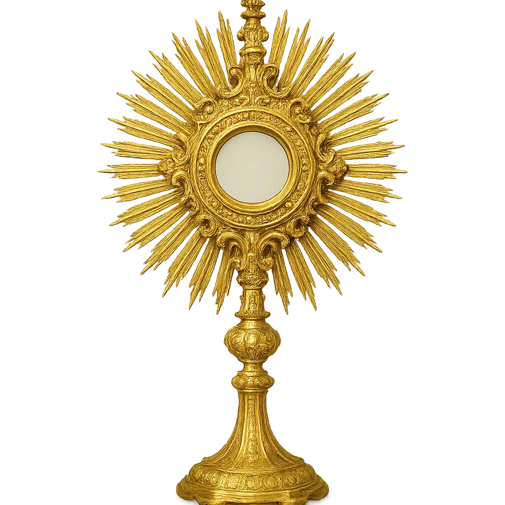 a monstrance with a cross on top, intricate gold details, rays, religious object emoji