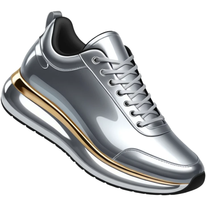 A pair of futuristic sneakers emoji made of silver chrome, sleek streetwear design, smooth metallic panels, subtle reflections, luxury swag aesthetic, iOS emoji style, centered, clean white background emoji