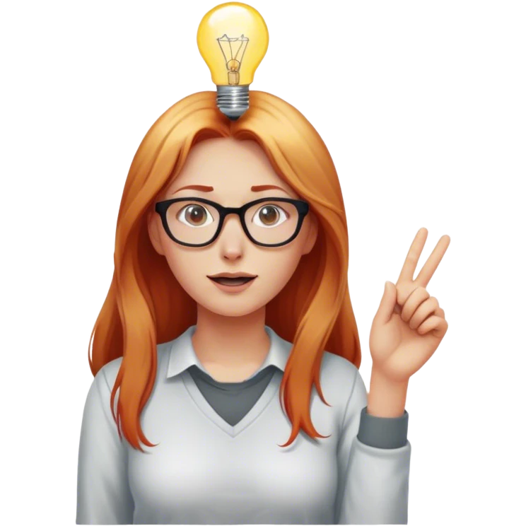 intelligent and clever, 30 year old, girl, long red and almost blond hair, glasses, has an brillant idea, one light bulb next (not over) her head in the air, casual cloth  emoji