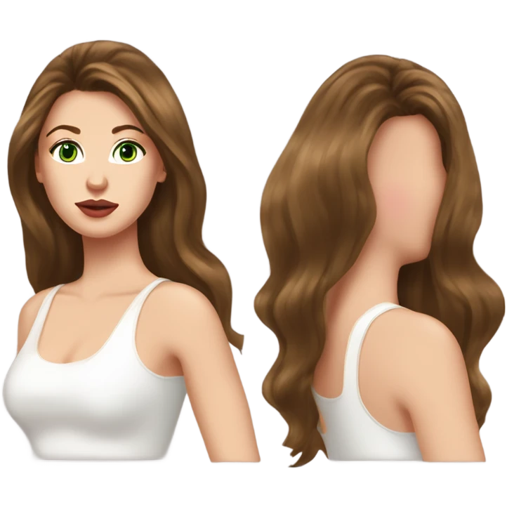 Gorgeous woman, with chestnut brown hair, her hair are a 90s voluminous very long blowout with curtain bangs, she has very green eyes and a white pale skin, she has pink lipstick on and long lashes, she wears a white tank top and  gold earrings emoji