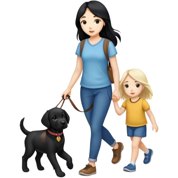 Long black hair - girl walking with labrador puppy emoji