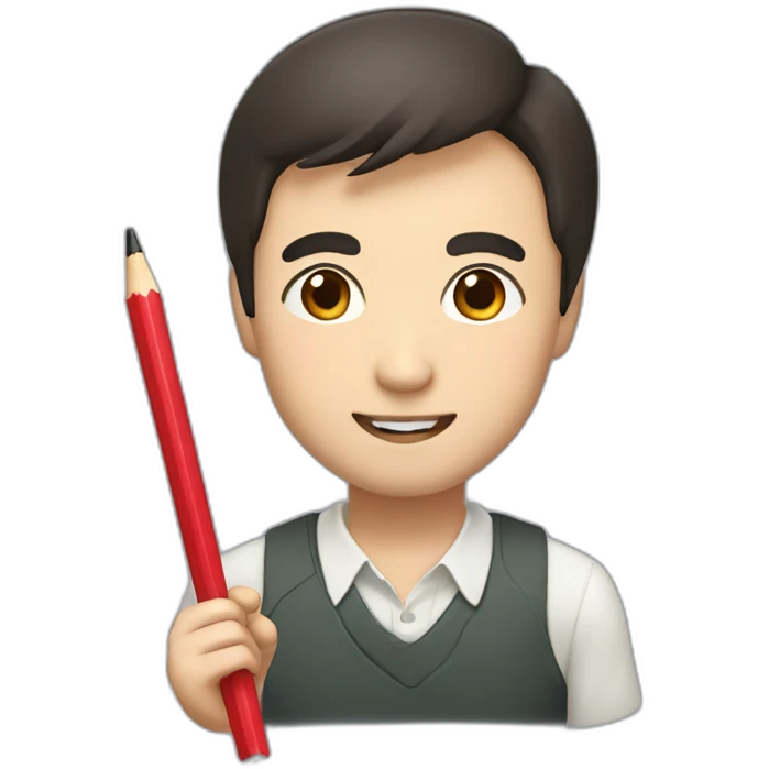 A thick, round face, slightly droopy eyes, thin eyebrows, large head, dark brown hair, and a smiling Japanese uncle holding a pencil. emoji