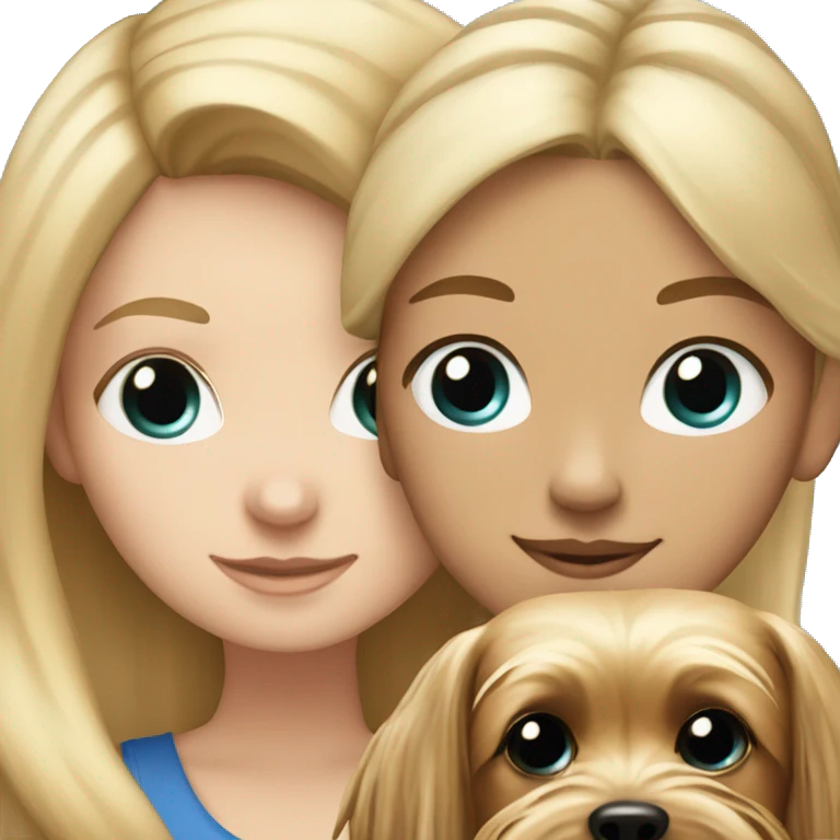 A white girl with blonde hair and blue eyes hugging a Yorkshire terrier emoji