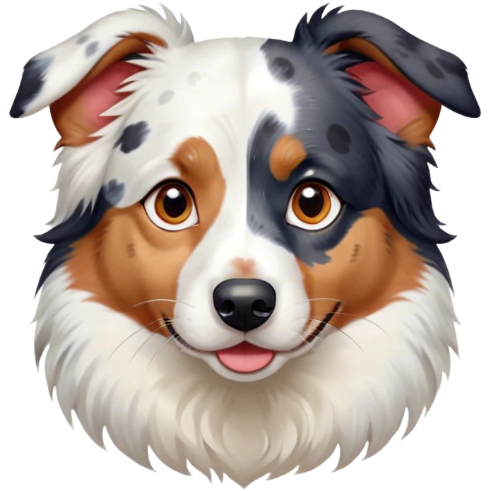 Cinematic Cute Calico Australian Shepherd Portrait Emoji, Head tilted playfully and inquisitively, predominantly white coat with patches of black, tan, and red calico merle markings, round, sparkling blue eyes filled with curiosity, Simplified yet irresistibly adorable features, highly detailed, glowing with a warm, friendly glow, high shine, affectionate and lively, stylized with a touch of whimsy, bright and endearing, soft glowing outline, capturing the essence of a mischievous yet loving pup, so playful it feels like it could bound out of the screen and into your arms! emoji