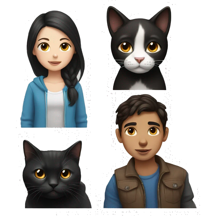 Girl and boy with dark brown hair and black and white cat emoji