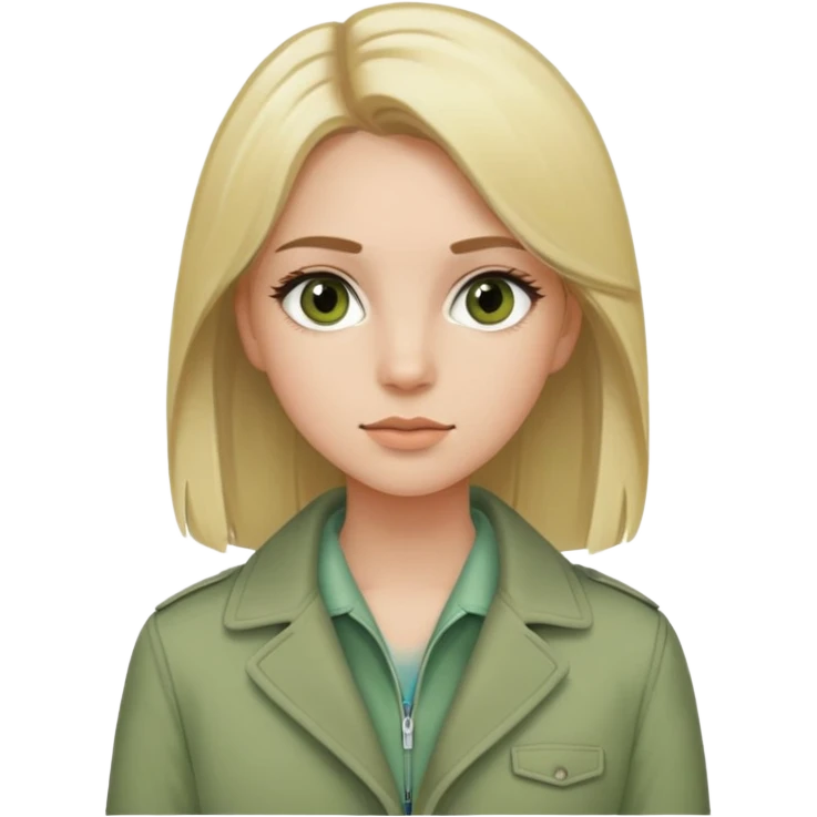 girl with straight blonde hair, fair skin, brown eyes, wearing mascara and a sage green jacket emoji