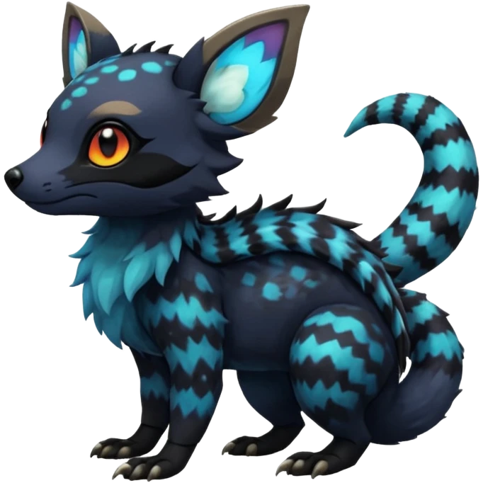 Rare realistic exotic cute epic aesthetic gothic colorful Salandit-Eevee-Civet-species-Fakemon-hybrid-creature, with markings, full body emoji