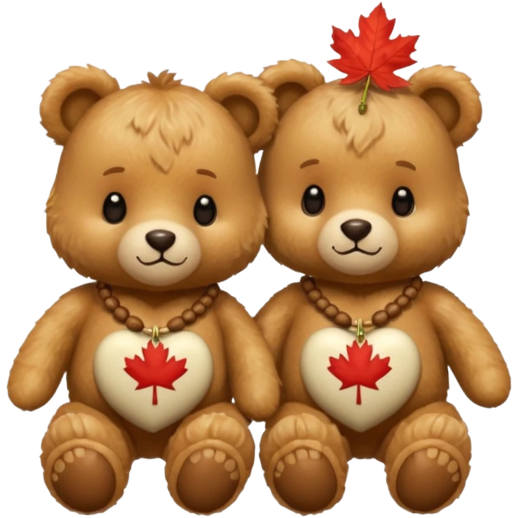 2 fluffy Teddy bears in love. One has an acorn necklace and the other has a maple leaf necklace  emoji