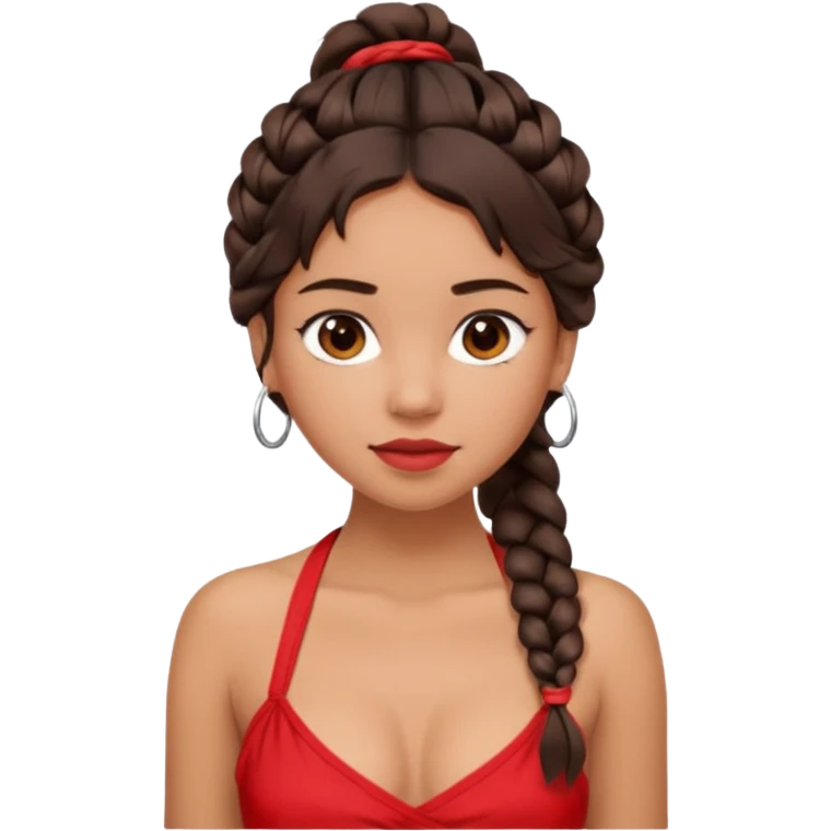 A tanned girl's face Over-the-shoulder messy braid dark brown hair with red halter top emoji
