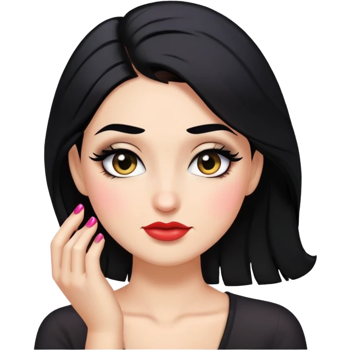 sassy smirk face looking down with makeup, black hair, one hand in hair, highly emoji-like emoji