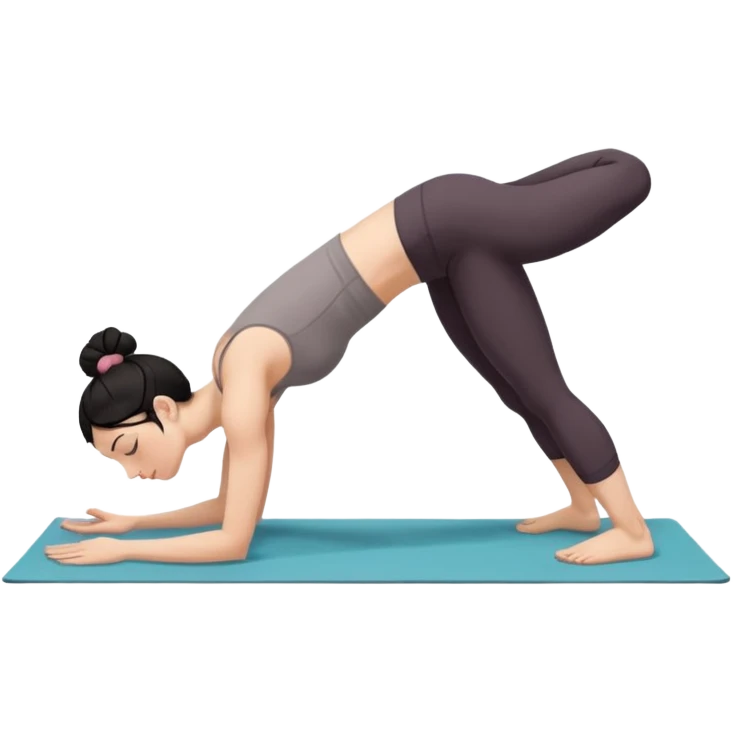 white girl with black long hair in a messy bun doing yoga position - downward facing dog emoji