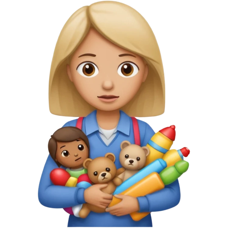 A kindergardenteacher carrying toys while looking exhausted and stressed. emoji