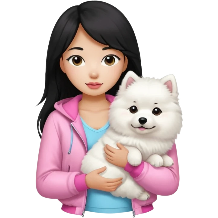 A black long hair asian pretty girl with a bright skintone using a baby pink juicy couture jacket with white tanktop holding a samoyed dog emoji